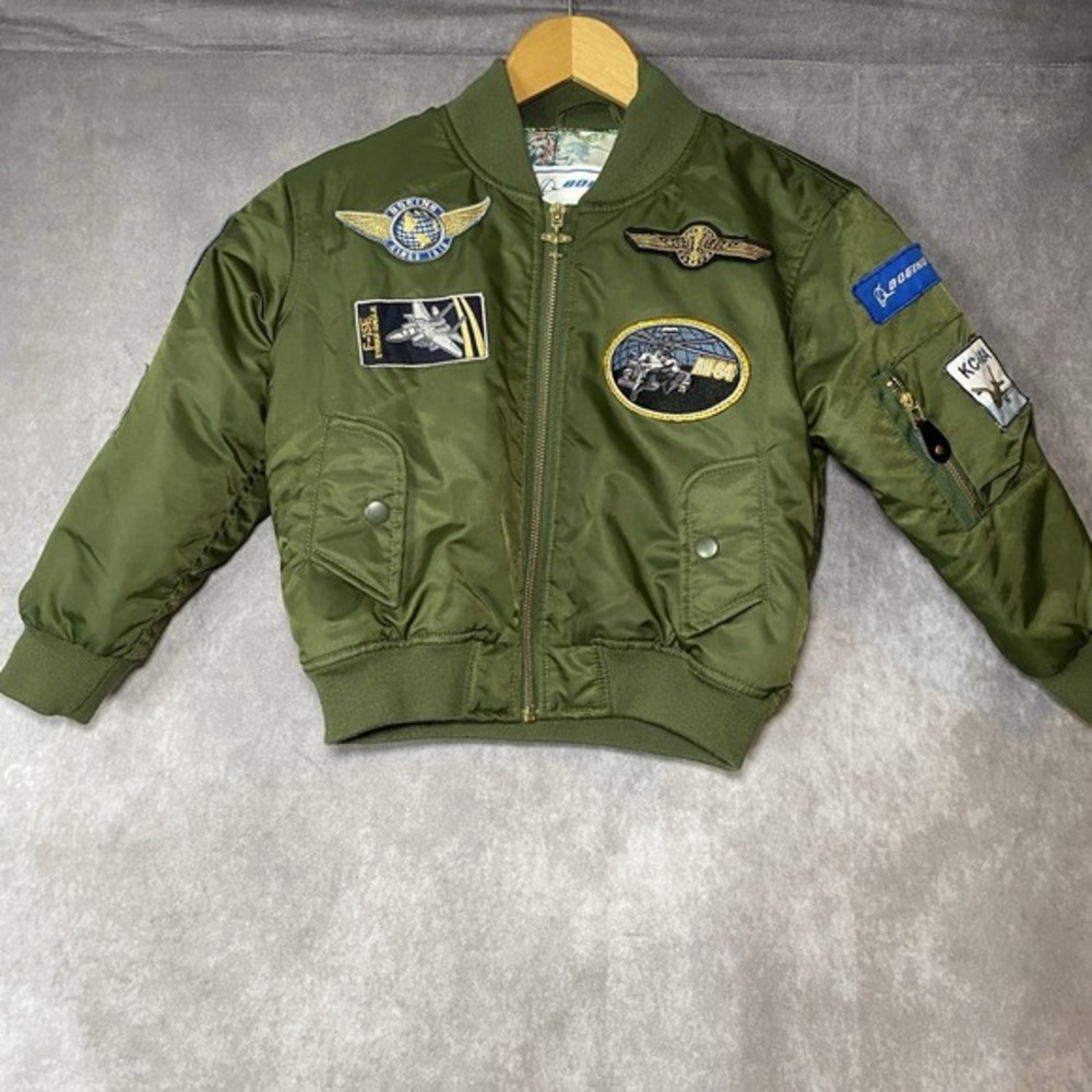 Boeing Jacket Youth Sz 6 Med Green Authentic Flight Bomber Patch Zip Pilot Coat‎